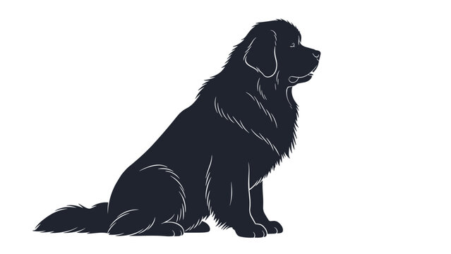 Solid black silhouette of a large newfoundland dog sitting in profile view highlighting its thick fur coat on a white background.