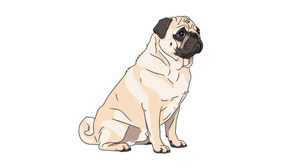Obraz premium Detailed illustration of a tan pug dog with a dark muzzle sitting patiently against a white background with realistic fur textures and shading.