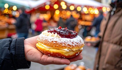 Hand holding sweet powdered sugar donut.