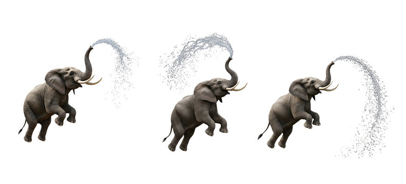 Three playful elephants spouting water in a joyful, synchronized display. isolated on transparent background