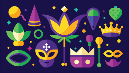 Vibrant mardi gras celebration icons and symbols in purple green and gold © LailaArtworks