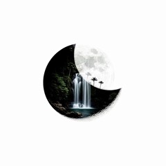 Serene Moonlit Waterfall Scene With Tropical Vegetation