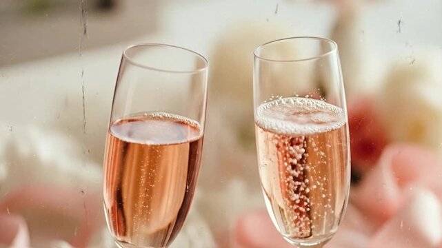 Champagne flutes clinking toast soft focus pink background Valentines Day