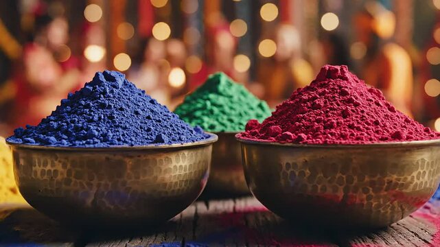 Colored holi powder. indian festival celebration. gulal color pigment. hindu spring tradition. vibrant festive atmosphere.
