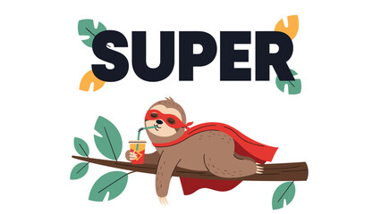 Obraz premium Funny cartoon sloth character dressed as a superhero wearing a red mask and cape while drinking a soda on a branch.