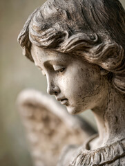 Fototapeta premium Serene stone angel sculpture with delicate facial features and soft flowing hair captures a peaceful and contemplative mood in a weathered artistic design