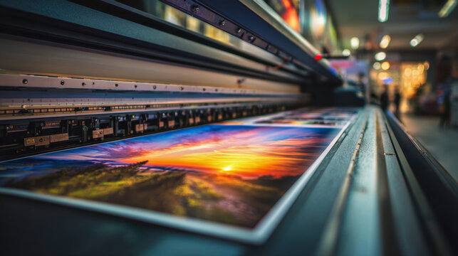 Industrial large-format digital printer creating vibrant landscape photo prints with bright sunset and colorful sky in a modern studio environment