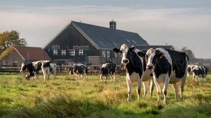 Fototapeta premium Herd of Holstein Friesian Dairy Cows Grazing in Green Pasture