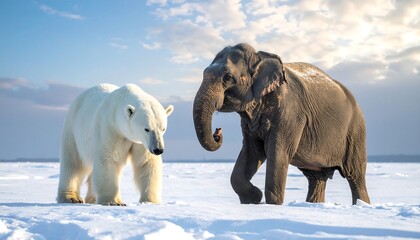 Polar Bear and Elephant on Snowy Landscape.