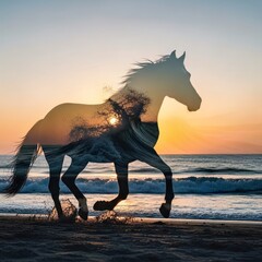 Silhouette Horse Running on Beach at Sunset &ndash; Stock Photo