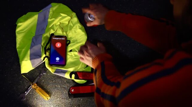 Llamada tel&eacute;fono de emergencia SOS con sirena de polic&iacute;a y ambulancia con kit de seguridad baliza, tri&aacute;ngulo y chaleco
