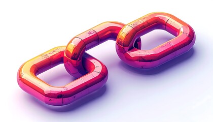 A shiny, red, metal chain link on a white background