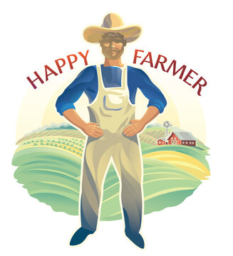 Happy farmer standing with hands on hips, wearing overalls and a straw hat. Colorful rural landscape with green fields, farm, barn, and windmill in the background. illustration in vector format.