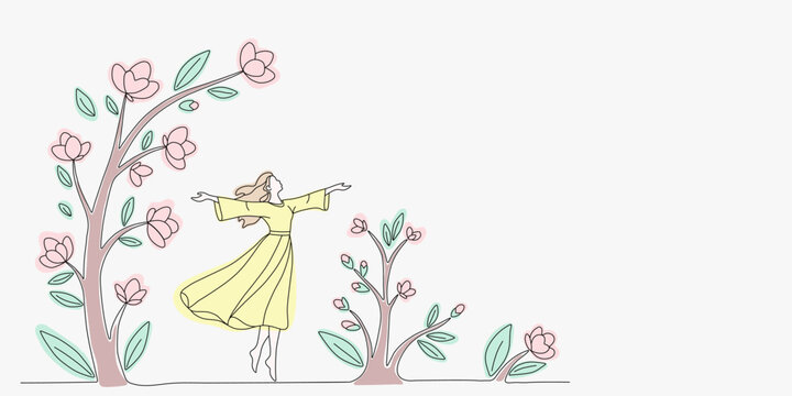 Woman dancing with open arms celebrating spring nature revival and happiness. Minimalist line art illustration with blooming flowers for joy.