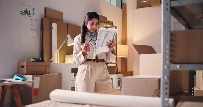 Woman, reading and document for ecommerce startup for stock, supply chain and shipping bills. Person, check and paperwork for inventory checklist, quality assurance and order invoice on delivery cost