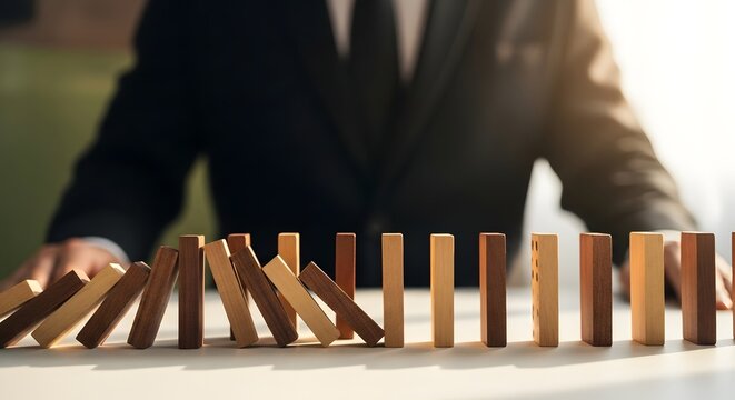 Businessman stopping a domino effect with his hand