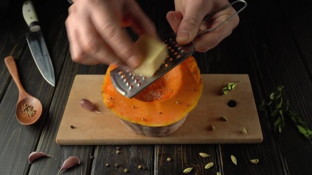 Hands grating butter onto a halved pumpkin on a wooden cutting board with spices and kitchen tools arranged in a dark setting