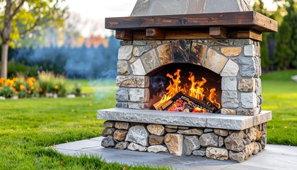 Outdoor Stone Fireplace in a Garden.