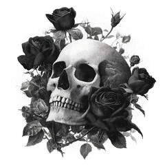 A black and white illustration of a skull surrounded by roses and leaves on a dark background