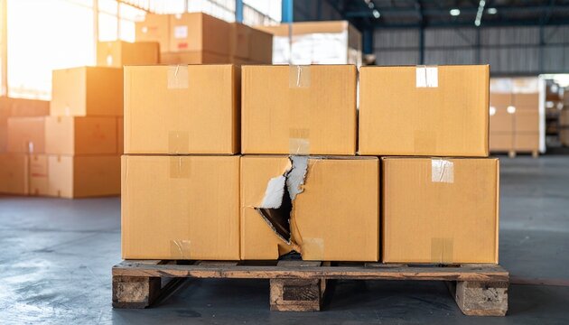 Damaged cardboard box on pallet in warehouse.
