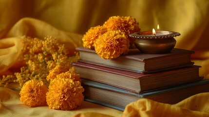 Marigold Flowers Books and Diya for Basant Panchami Celebration. Warm Yellow Festival Still Life with Marigolds and Lamp.