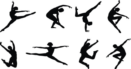 Silhouette collection of graceful female ballet dancers and modern performers jumping stretching and posing in various artistic positions isolated on white background for design © Horgobinda