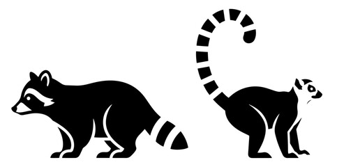 Black silhouette vector icons of raccoon and ring tailed lemur © Katarzyna