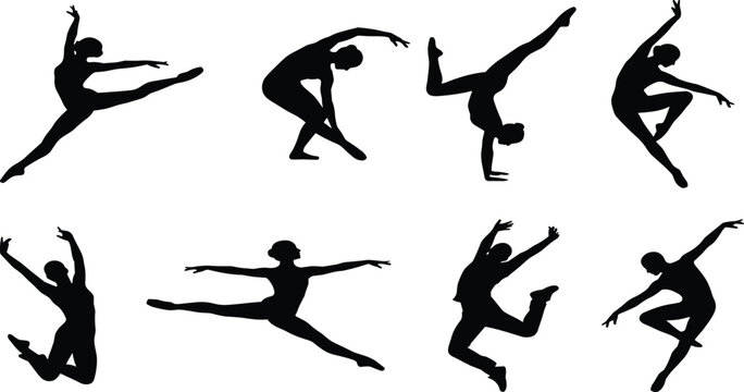 Silhouette collection of graceful female ballet dancers and modern performers jumping stretching and posing in various artistic positions isolated on white background for design