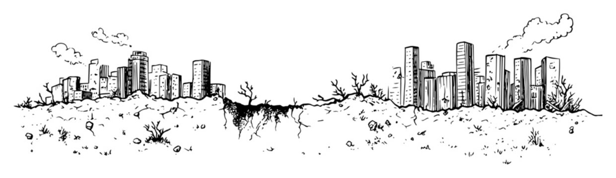 Hand drawn sketch of destroyed city skyline with abandoned ruins