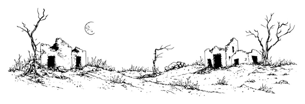 Sketch of desolate landscape with ruined stone houses and dead trees