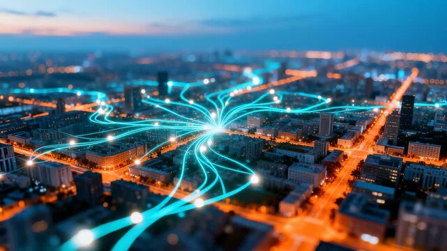 Urban data flow network over modern city at dusk