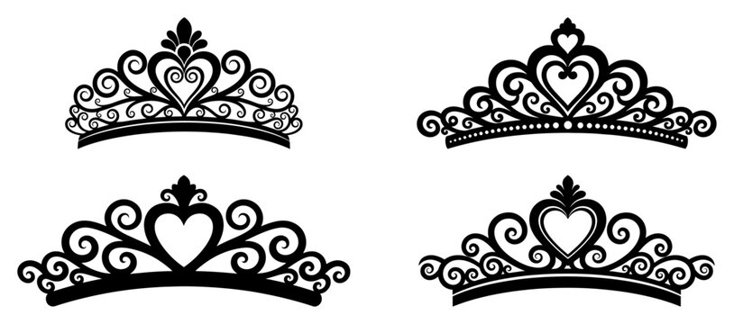 Collection of elegant vector princess crowns and tiaras with heart decorations
