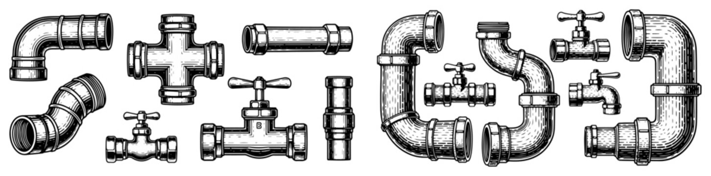 Set of industrial pipes and plumbing valves in retro engraving style