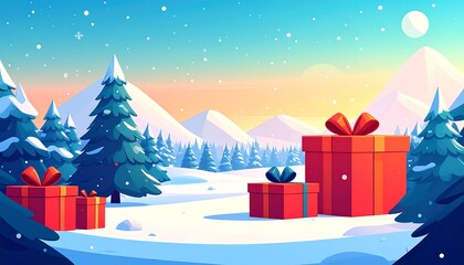 A snowy mountain landscape with presents and pine trees