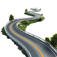 A winding road with yellow lines on a black background