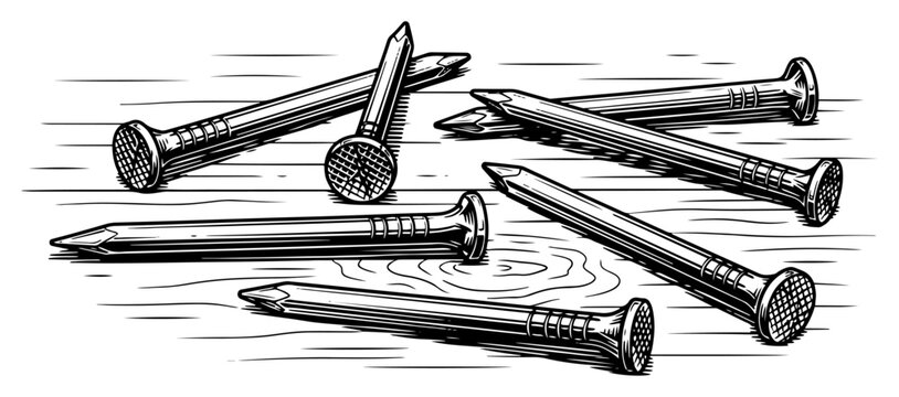 Group of sharp metal construction nails lying on a wooden surface vintage engraving style