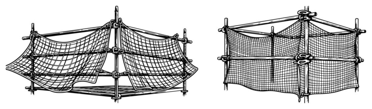 Hand drawn construction safety net attached to scaffolding poles