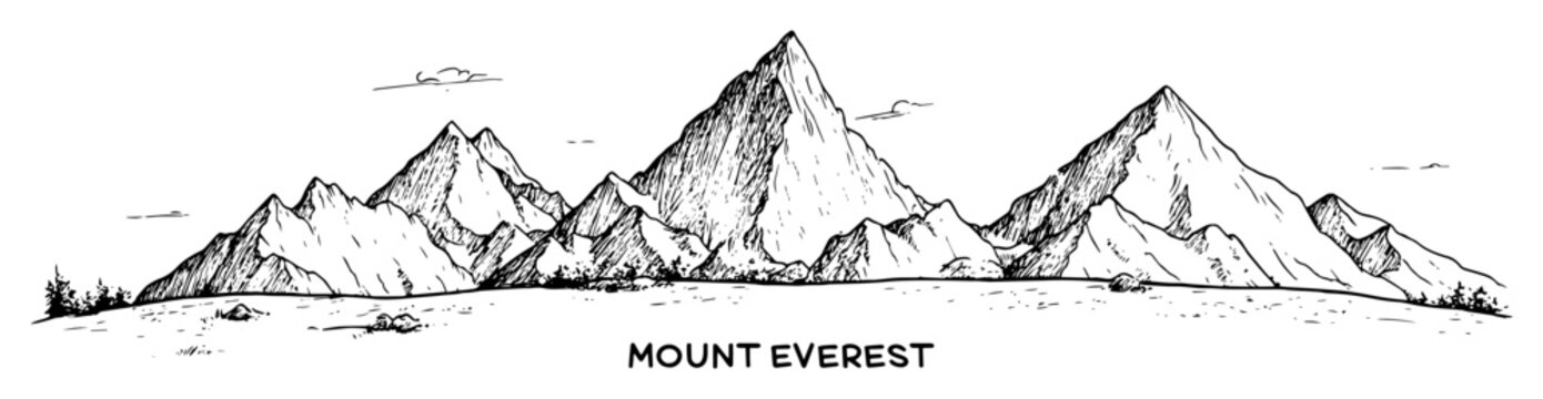 Panoramic sketch of Mount Everest peaks in the Himalayas