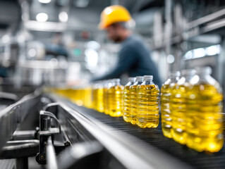Bottled edible oil filled in plastic containers moving on conveyor belt in a modern food processing factory with worker in safety helmet on background