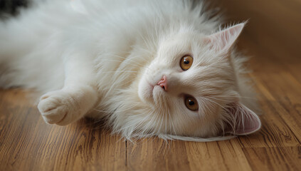 長毛の白猫が木の床で首を傾げるアップ、毛束のボリュームと艶を強調
