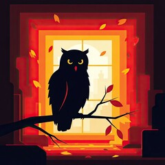 Silhouette Owl Watching Autumn Leaves Through Window Illustration