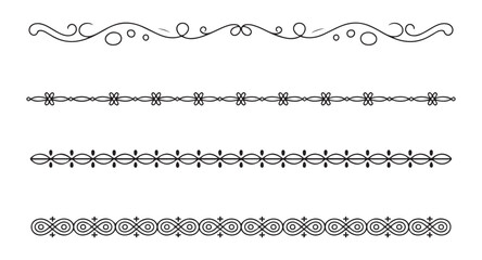 Obraz premium Four different black thin ornamental line art dividers with floral and geometric elements on white background