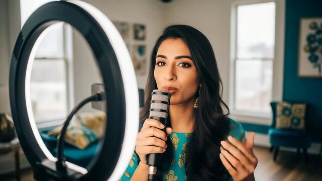 woman recording video with microphone and light for digital influencer concept
