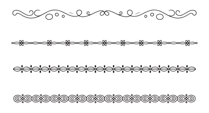 Four different black thin ornamental line art dividers with floral and geometric elements on white background
