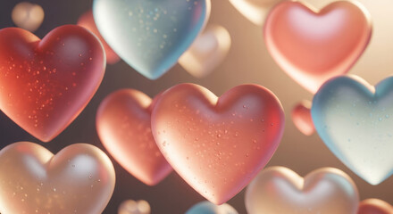 Obraz premium A captivating arrangement of translucent hearts in shades of pink and blue, shimmering with highlights and bubbles, creating a whimsical, romantic atmosphere.