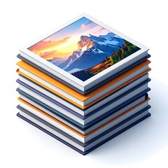 A stack of colorful square objects with a mountain landscape on the top