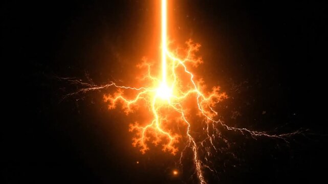 Bright Orange Fractal Lightning Bolt Strike on Black Background