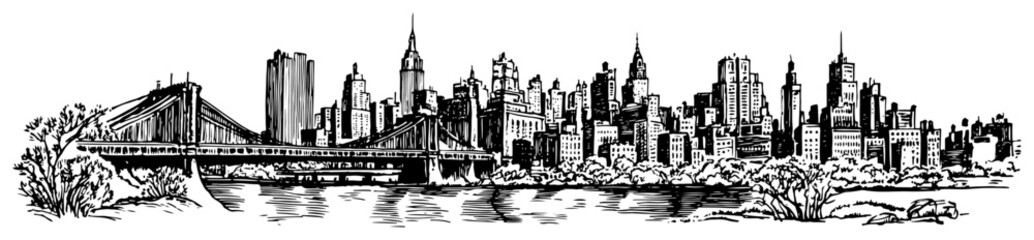 Fototapeta premium panoramic sketch of new york city skyline with brooklyn bridge
