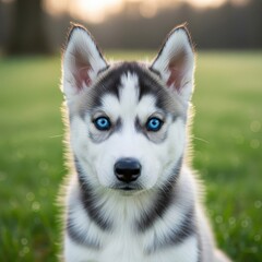 Captivating Husky Puppy Portrait with Striking Blue Eyes and Focused Gaze.
