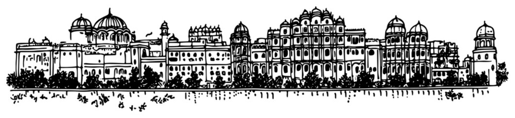 Panoramic sketch of a historical palace with domes and traditional architecture © Katarzyna